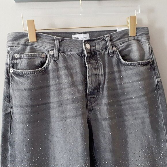 NWT Zara light wash black sparkle embellished mid rise straight leg jeans, 10 - Picture 13 of 15
